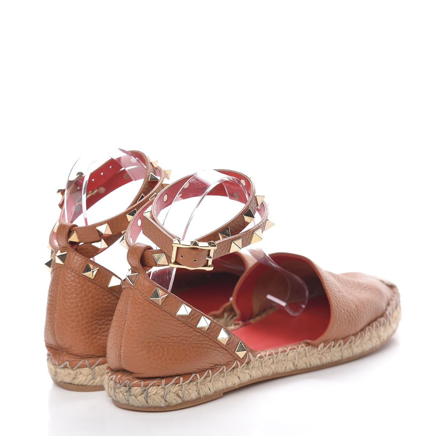 Valentino Garavani Grained Calfskin Rockstud Ankle Wrap Espadrille Flats 38 Cognac 4 of 20