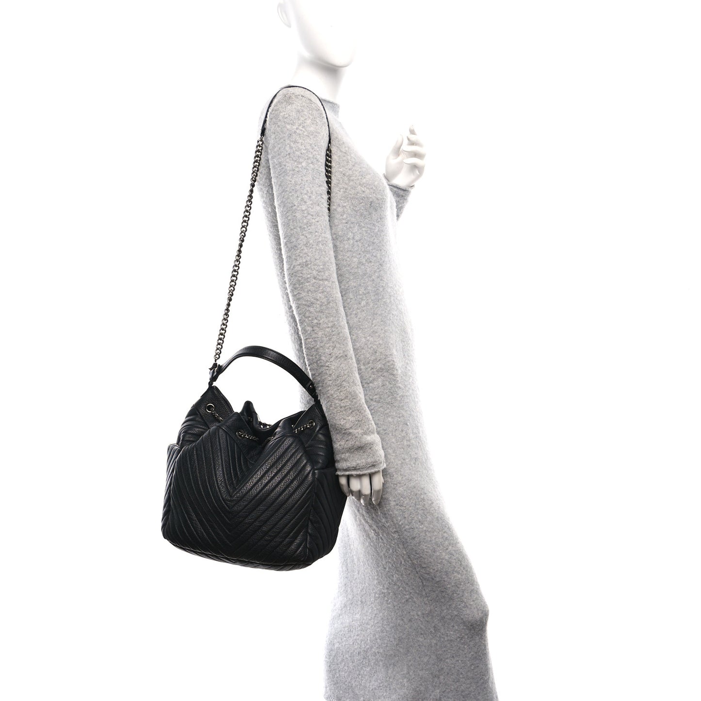 Deerskin Chevron Medium CC Chain Bucket Drawstring Bag Black