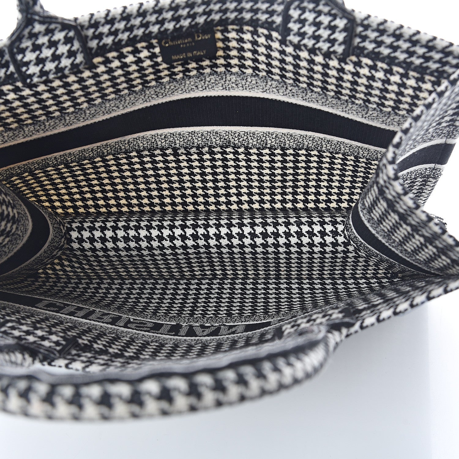 Christian Dior Canvas Houndstooth Embroidered Medium Book Tote Black White 4 of 8