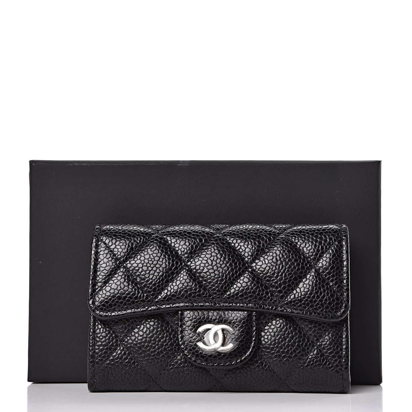 Caviar Quilted Flap Card Holder Wallet Black