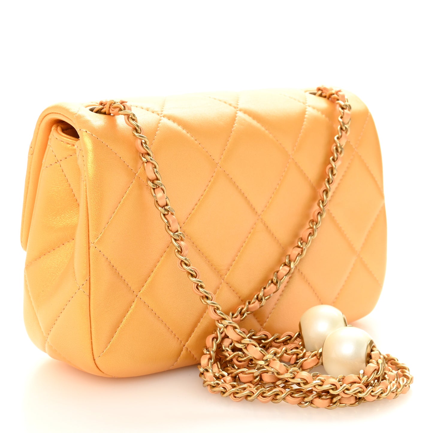 Pearly Lambskin Quilted Pearl Small Flap Orange