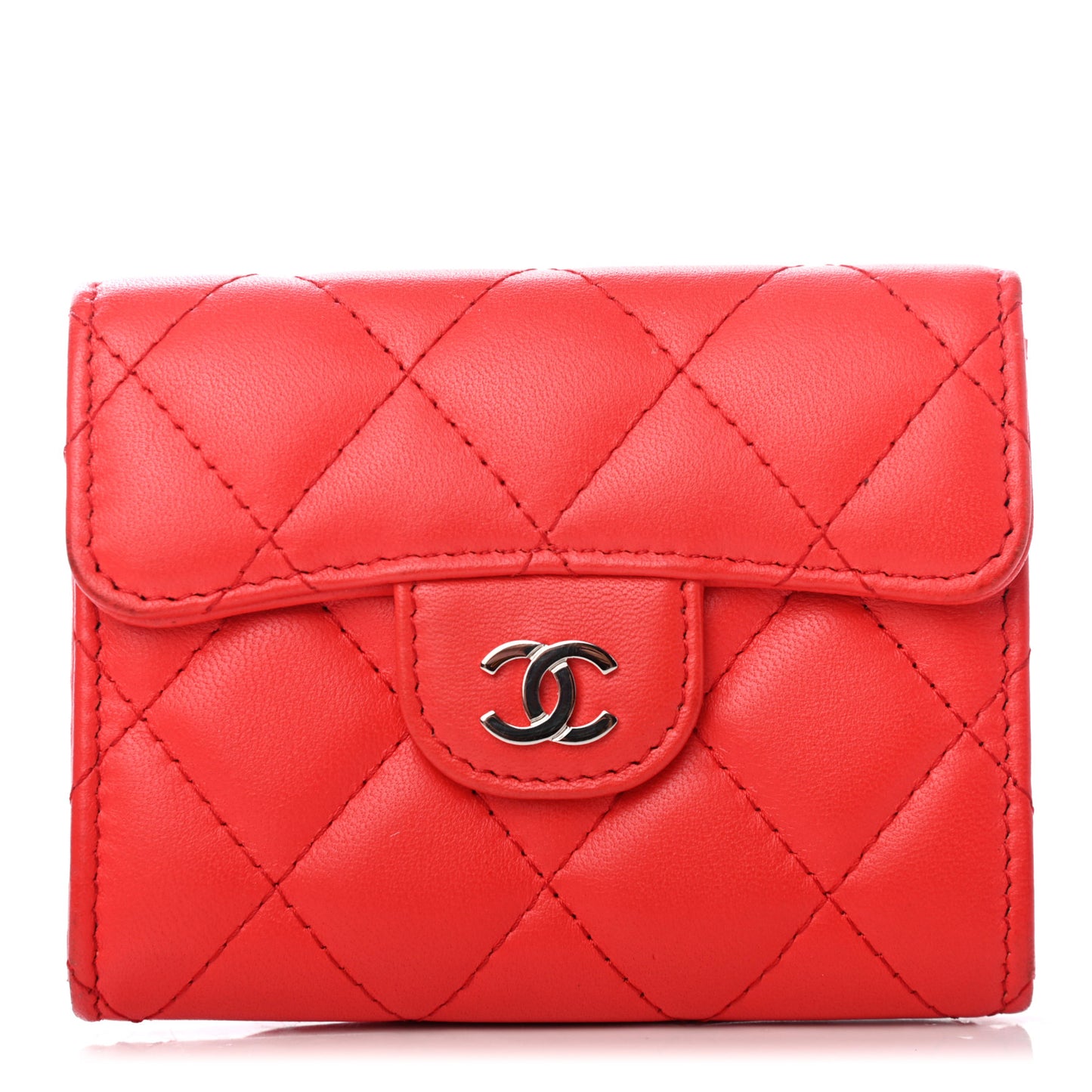Lambskin Quilted Flap Card Holder Wallet Red