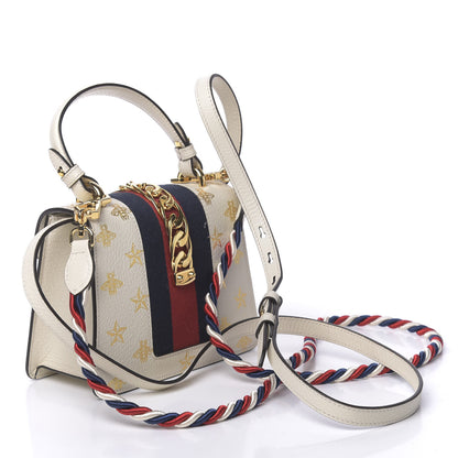 Gucci Textured Calfskin Bee Star Print Mini Sylvie Top Handle Bag Mystic White 4 of 11