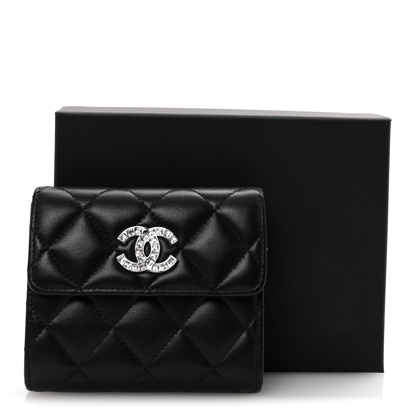 Lambskin Quilted Baguette Crystal Small Compact Wallet Black