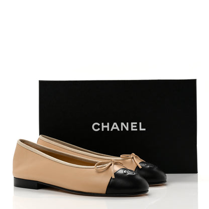 Chanel Lambskin Cap Toe CC Ballerina Flats 36 Beige Black 9 of 9