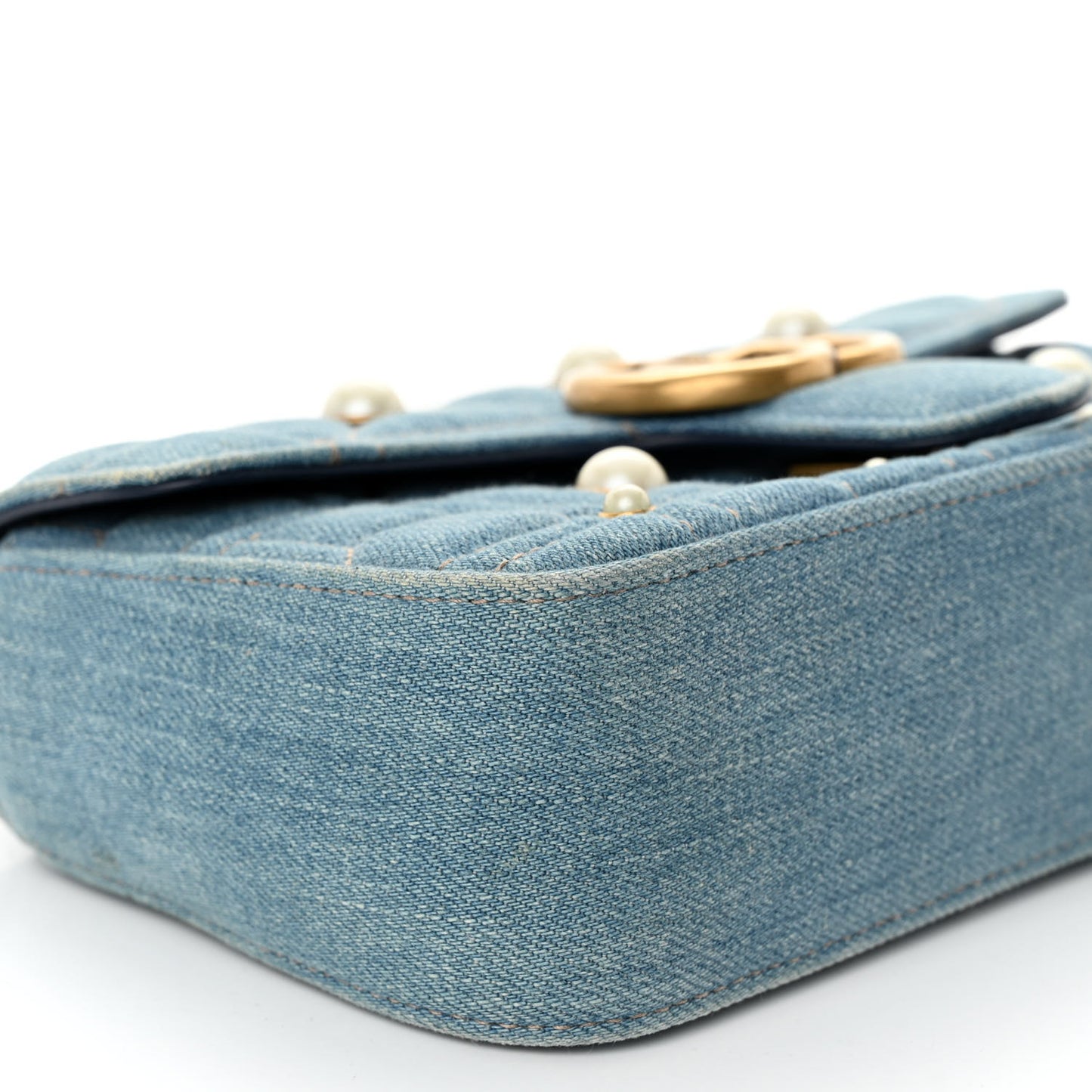 Denim Matelasse Pearl Studded Mini GG Marmont Shoulder Bag Blue