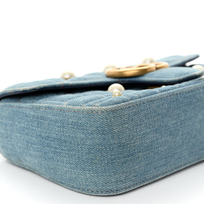 Gucci Denim Matelasse Pearl Studded Mini GG Marmont Shoulder Bag Blue 9 of 11