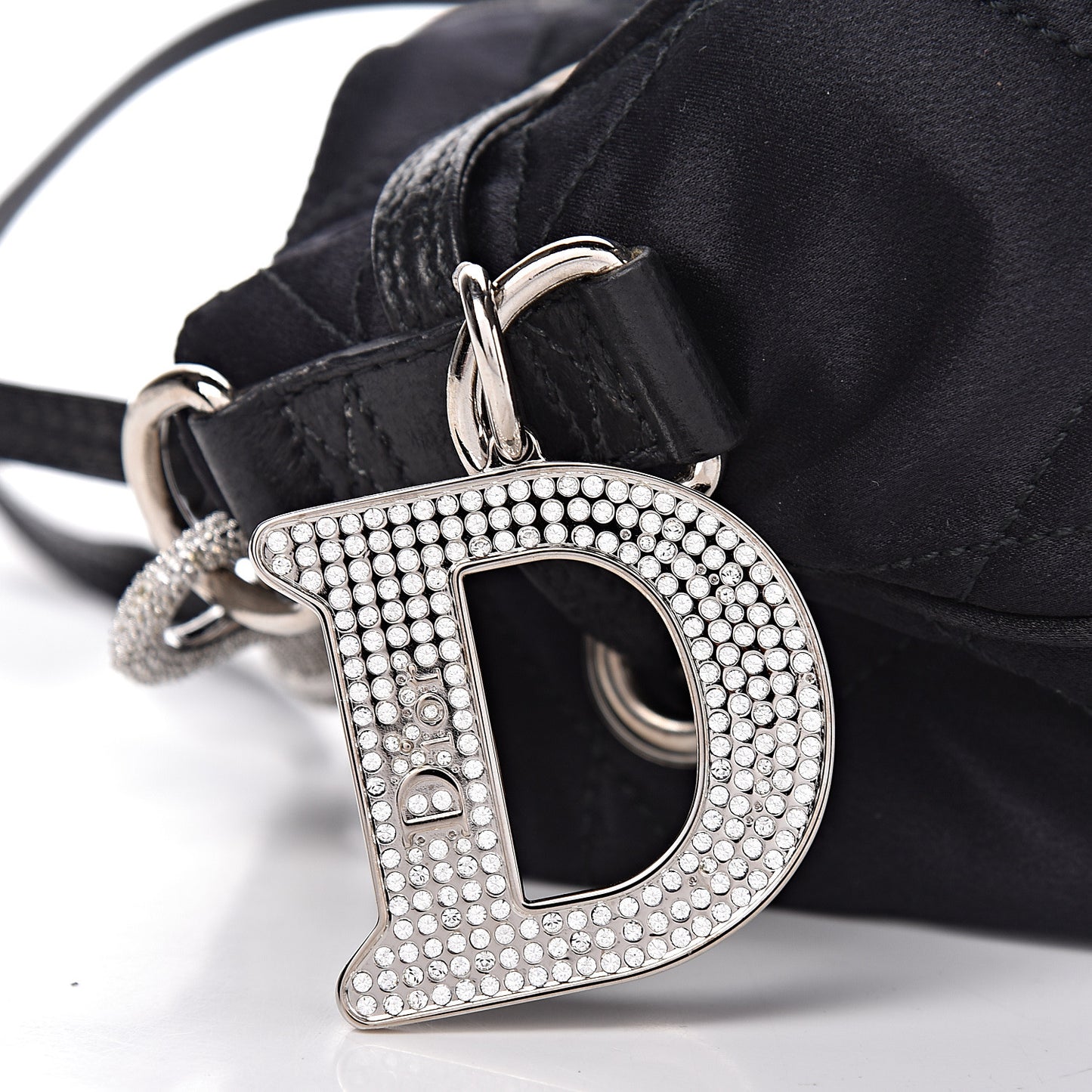 Satin Crystal Cannage Drawstring Bag Black