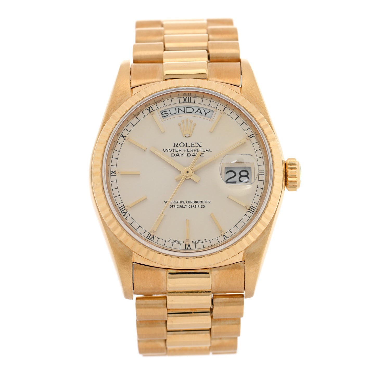 18K Yellow Gold 36mm Oyster Perpetual Day-Date President Watch Silver 18038