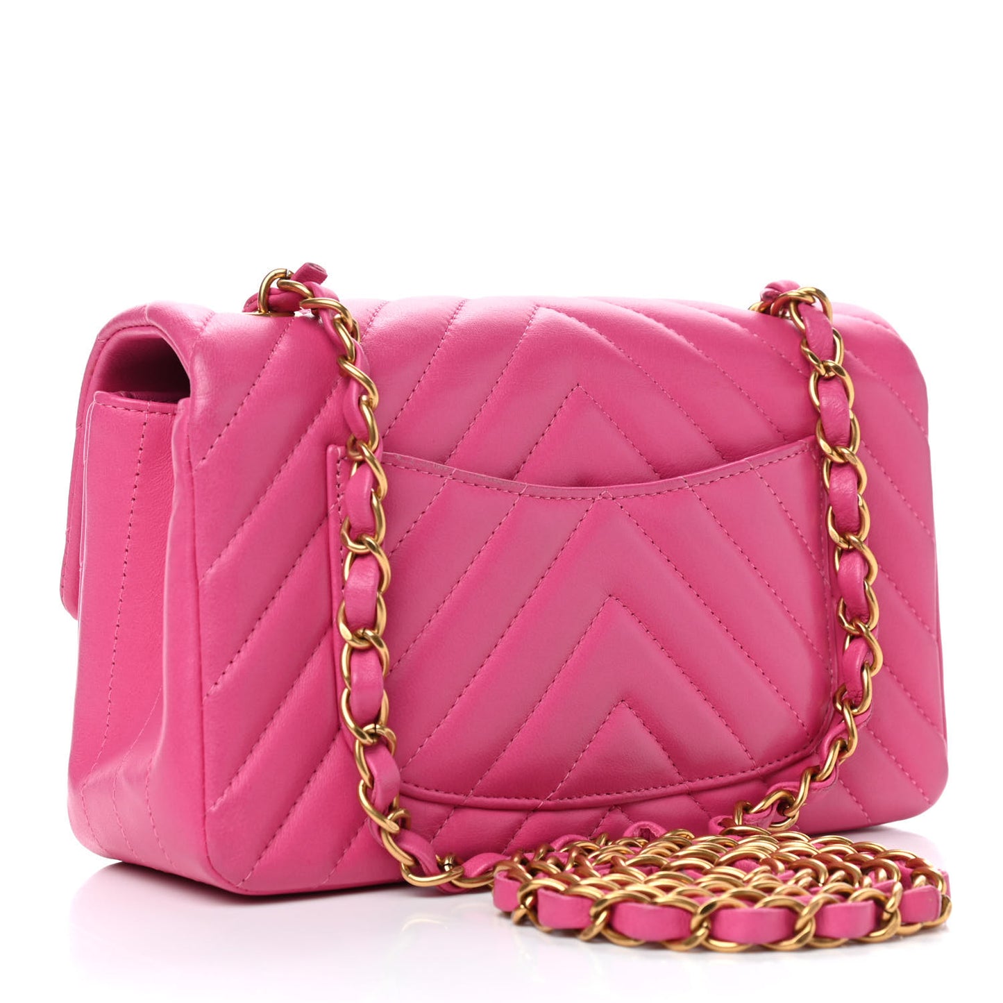 Lambskin Chevron Quilted Mini Rectangular Flap Dark Pink