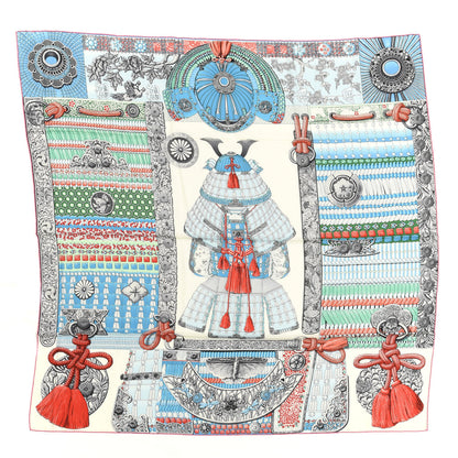 Hermes Cashmere Silk Parures De Samourais Shawl 140 Blanc Turquoise Vert 1 of 5