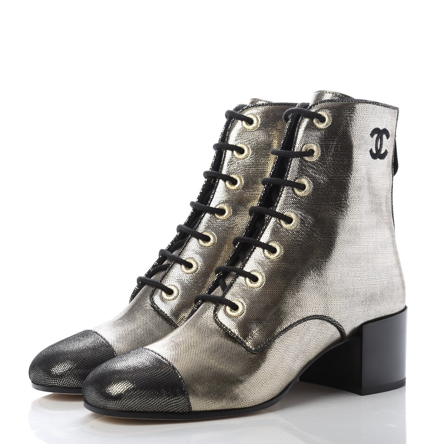 Laminated Calfskin CC Lace Up Short Boots 39.5 Silver Black