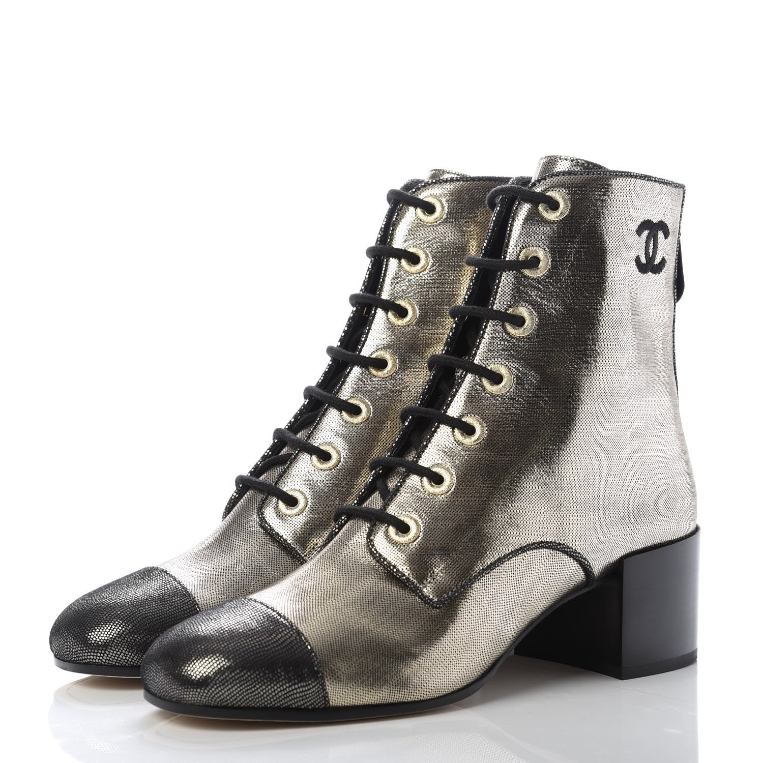 Chanel Laminated Calfskin CC Lace Up Short Boots 39.5 Silver Black 3 of 8