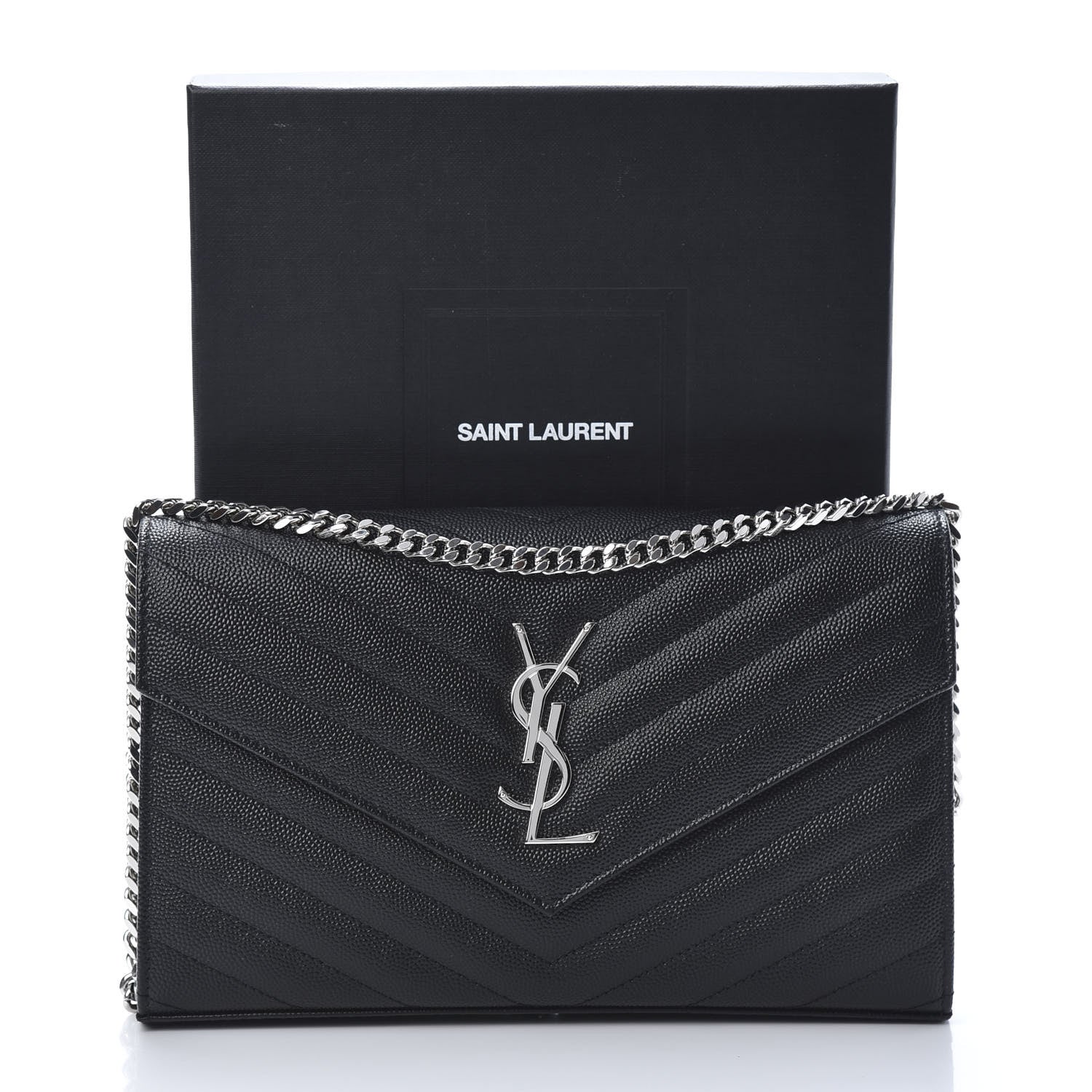 Saint Laurent Grain De Poudre Matelasse Chevron Monogram Chain Wallet Black 11 of 11