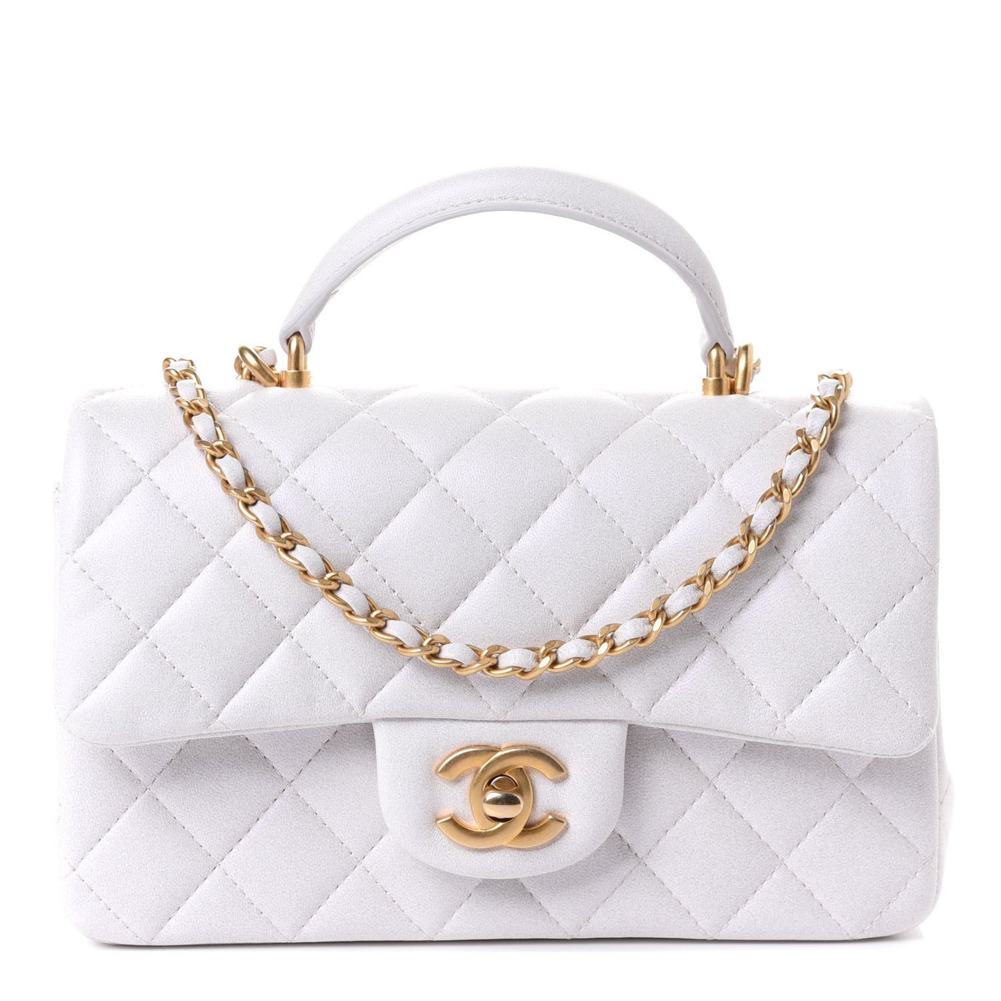 Iridescent Lambskin Quilted Mini Top Handle Rectangular Flap White
