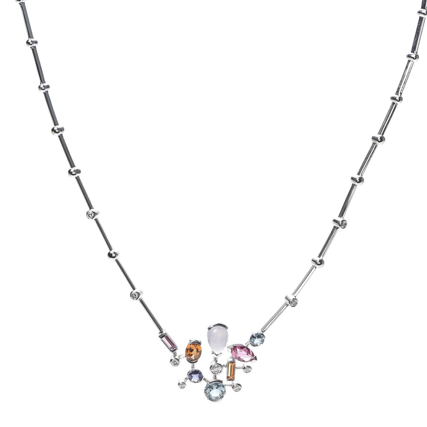 18K White Gold Diamond Chalcedony Tourmaline Iolite Aquamarine Garnet Meli Melo Necklace