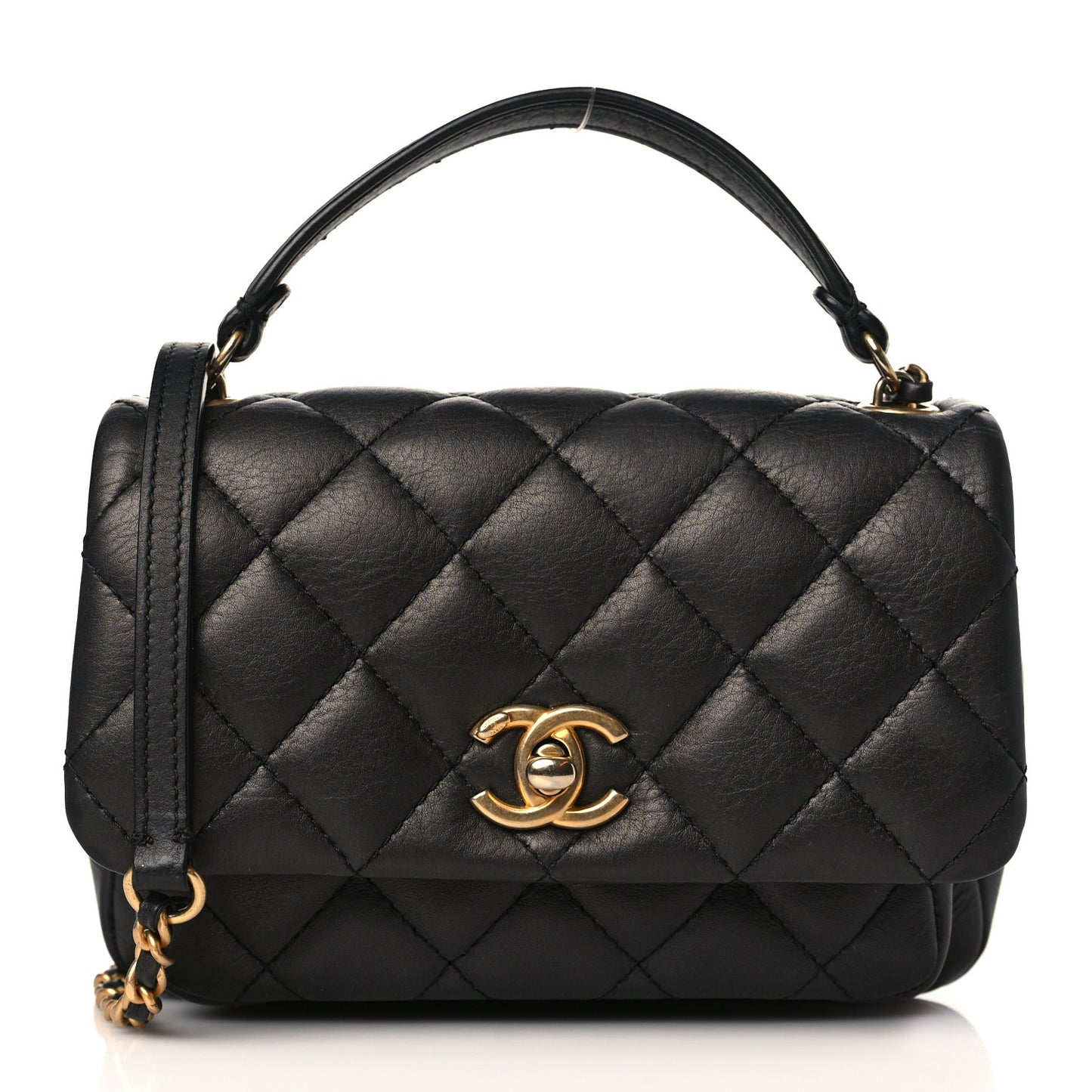 Calfskin Quilted Top Handle Flap Black