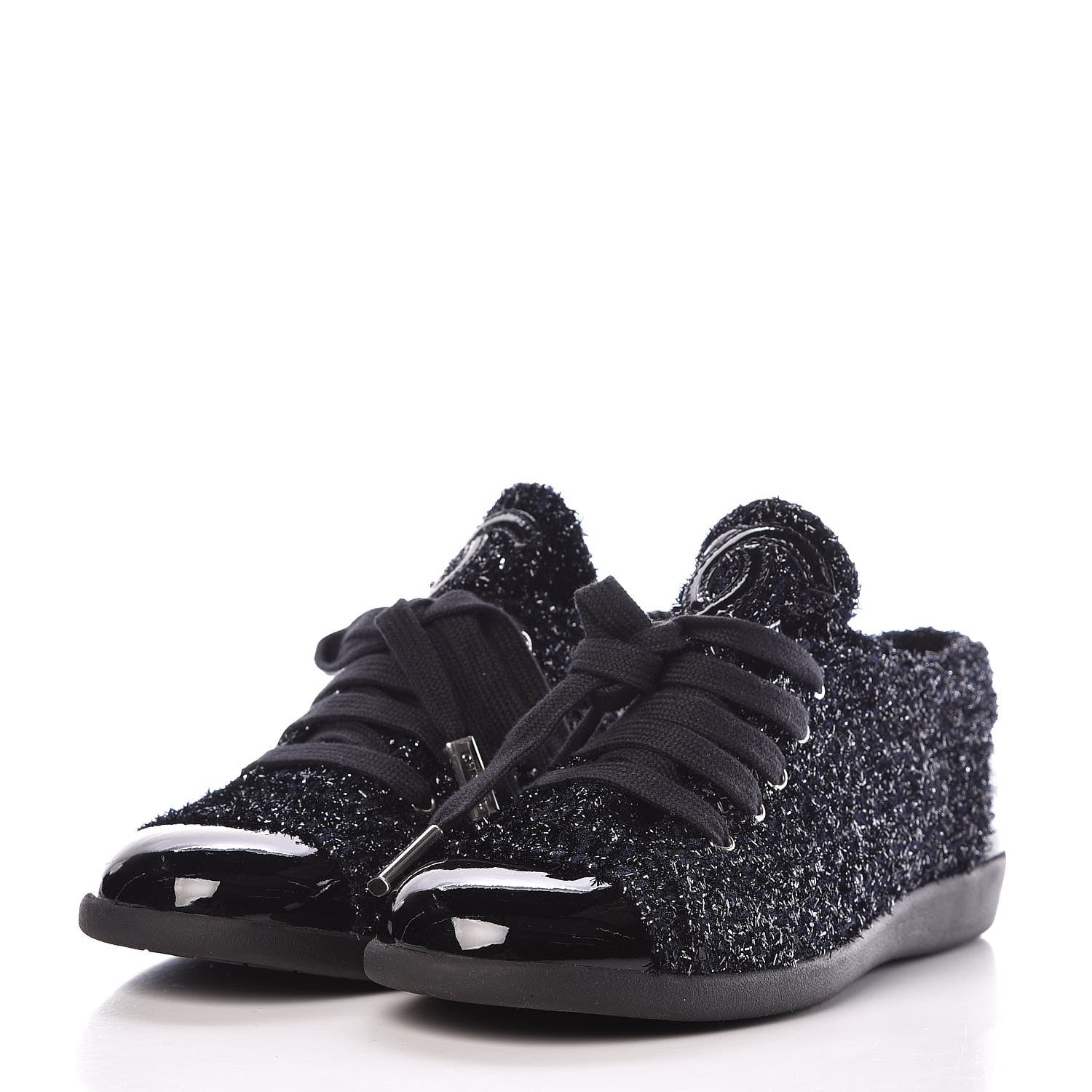 Chanel Lurex Tweed Patent Lace Up Sneakers 35.5 Dark Navy Blue 3 of 8