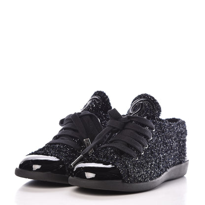Chanel Lurex Tweed Patent Lace Up Sneakers 35.5 Dark Navy Blue 3 of 8
