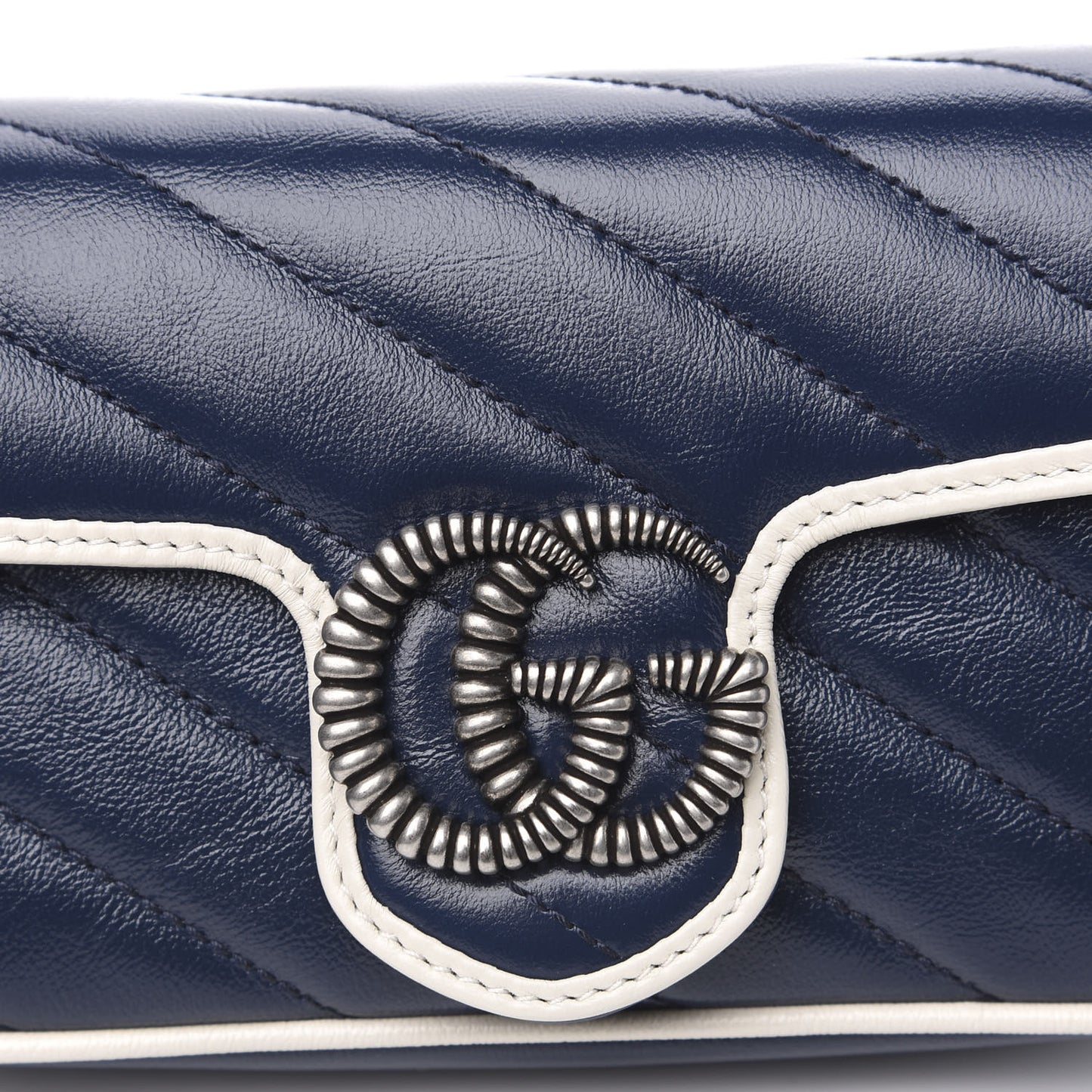 Vintage Effect Calfskin Matelasse Diagonal Super Mini Torchon GG Marmont Shoulder Bag Blue Agata Mystic White