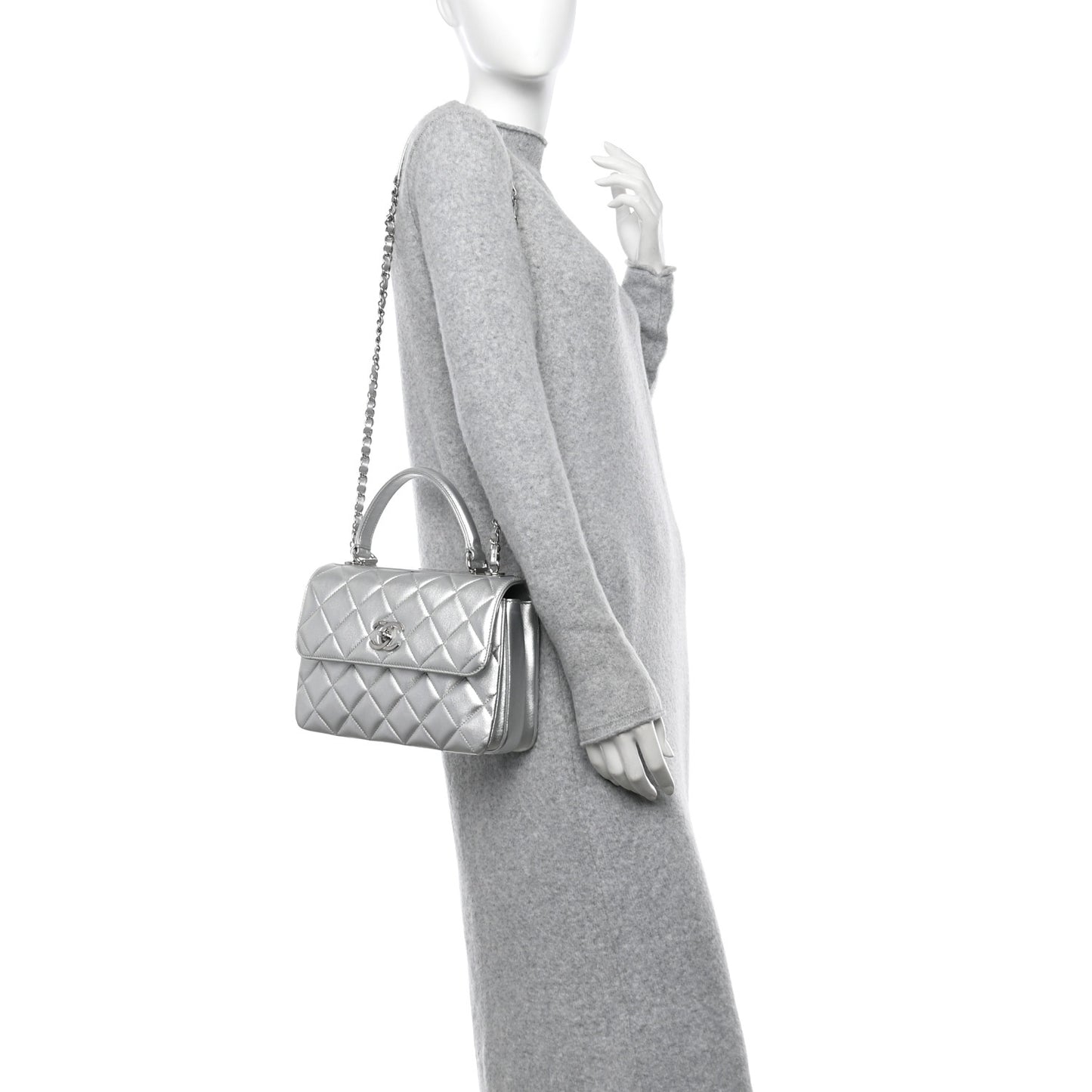 Metallic Lambskin Quilted Small Trendy CC Flap Dual Handle Bag Silver