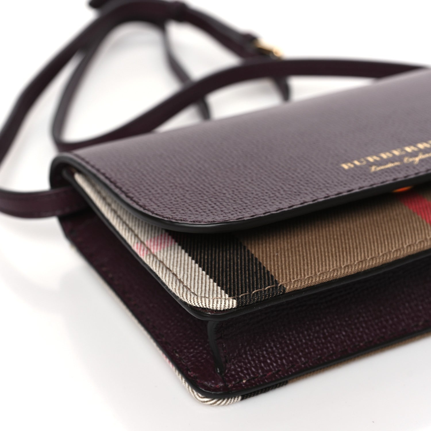 Burberry Grained Calfskin House Check Tartan Mix Hampshire Wallet On Chain Burgundy 7 of 8