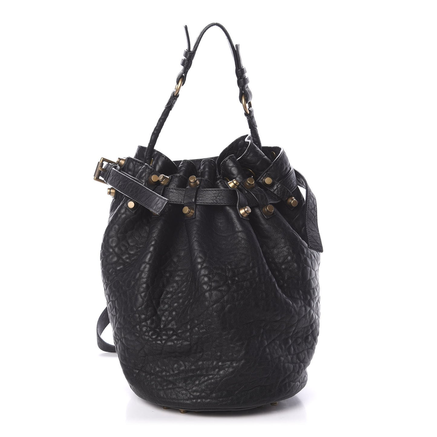 Pebbled Lambskin Diego Bucket Black Antique Brass Hardware