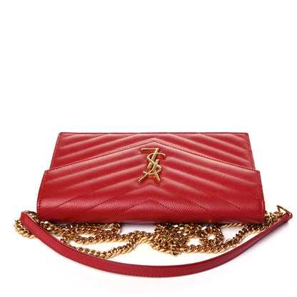 Saint Laurent Grain De Poudre Matelasse Chevron Monogram Envelope Chain Wallet New Red 9 of 10