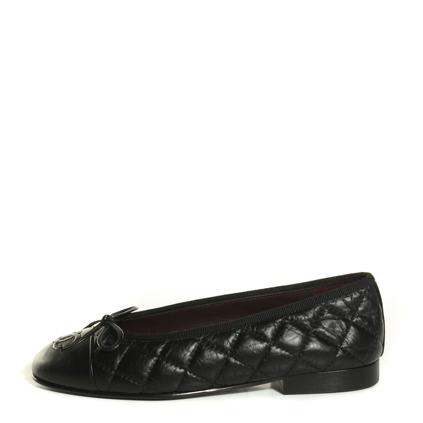 Aged Calfskin Quilted Cap Toe Ballerina Flats 34 Black
