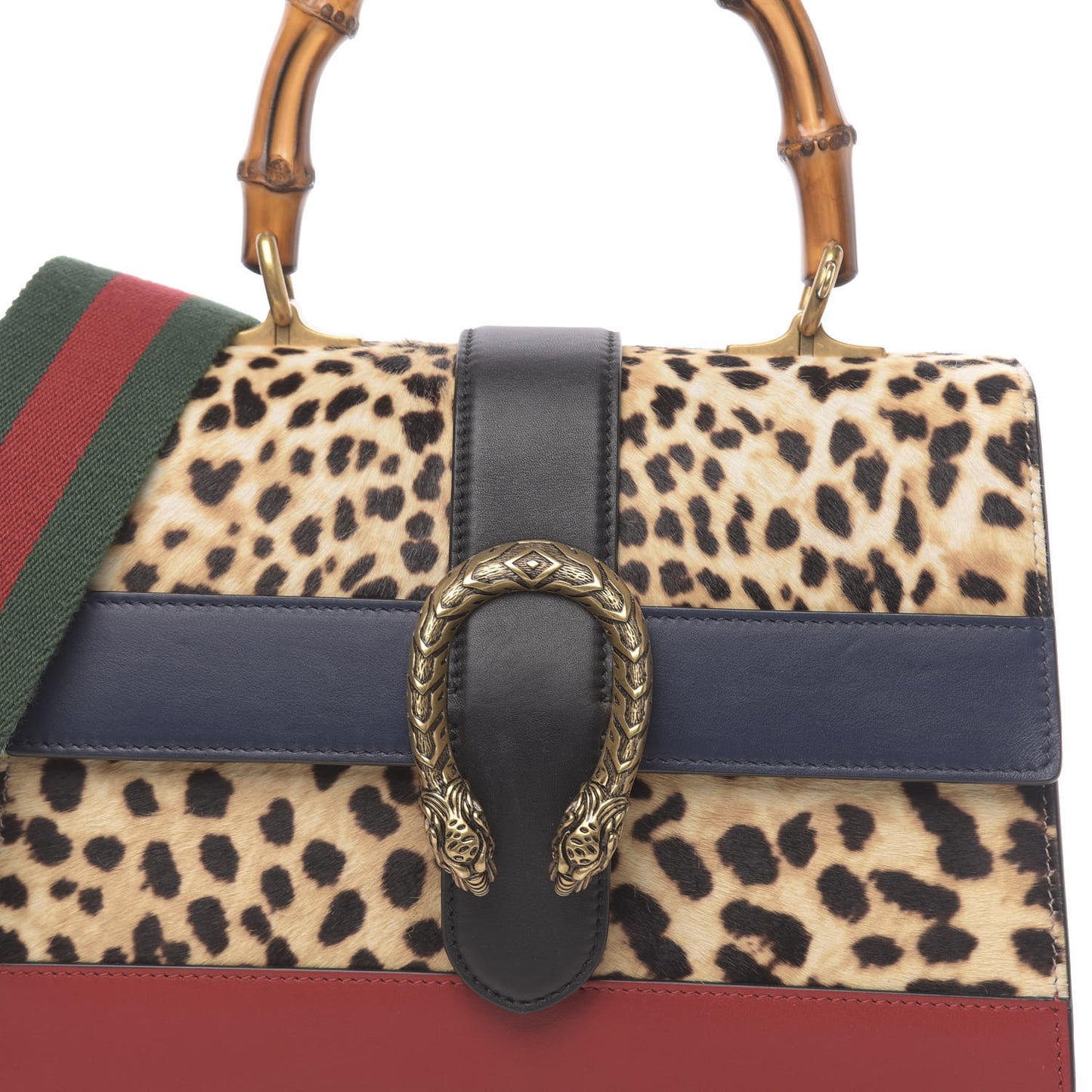 Calf Hair Calfskin Bamboo Web Leopard Print Medium Dionysus Top Handle Bag Natural Blue Agata Hibiscus Red