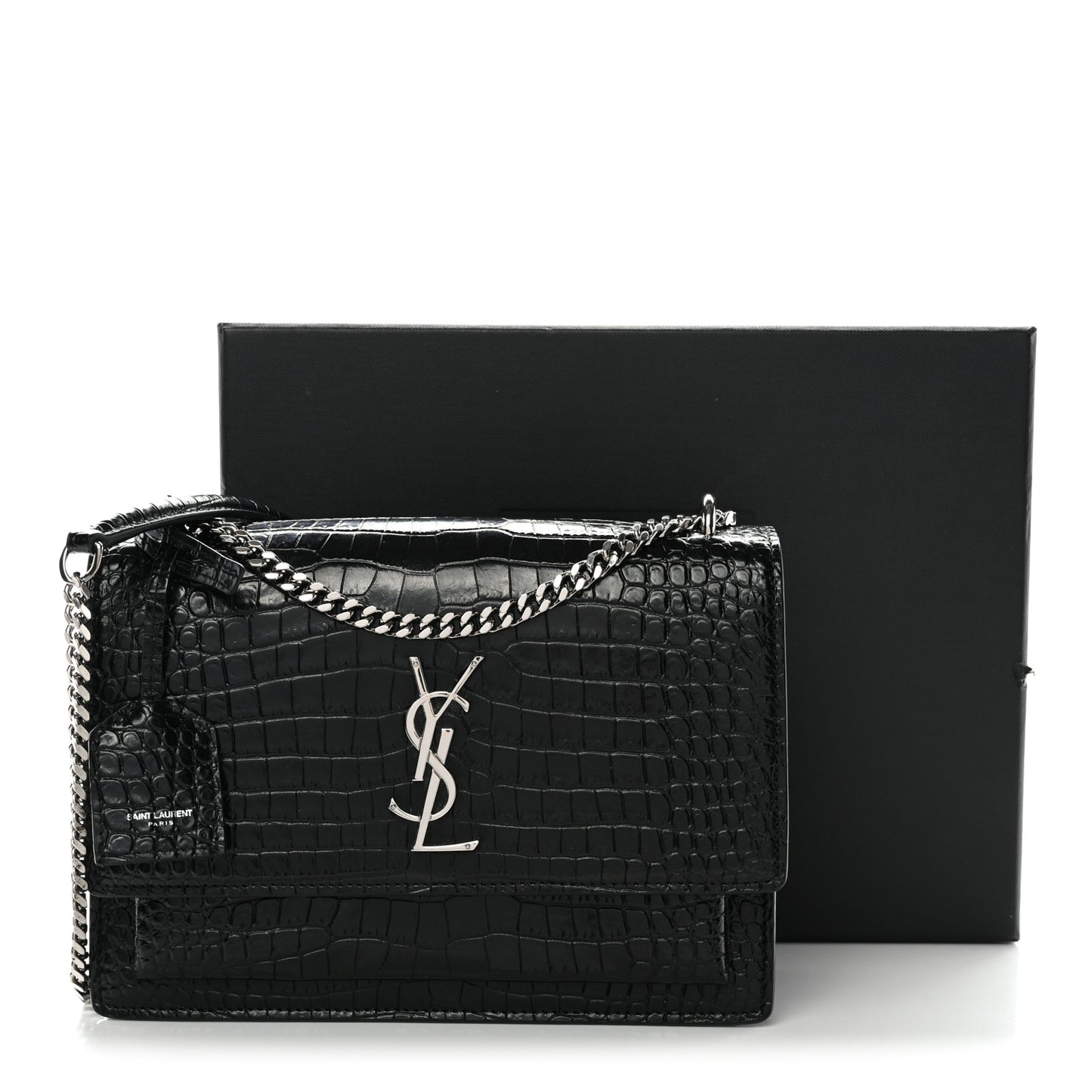 Calfskin Crocodile Embossed Medium Monogram Sunset Black