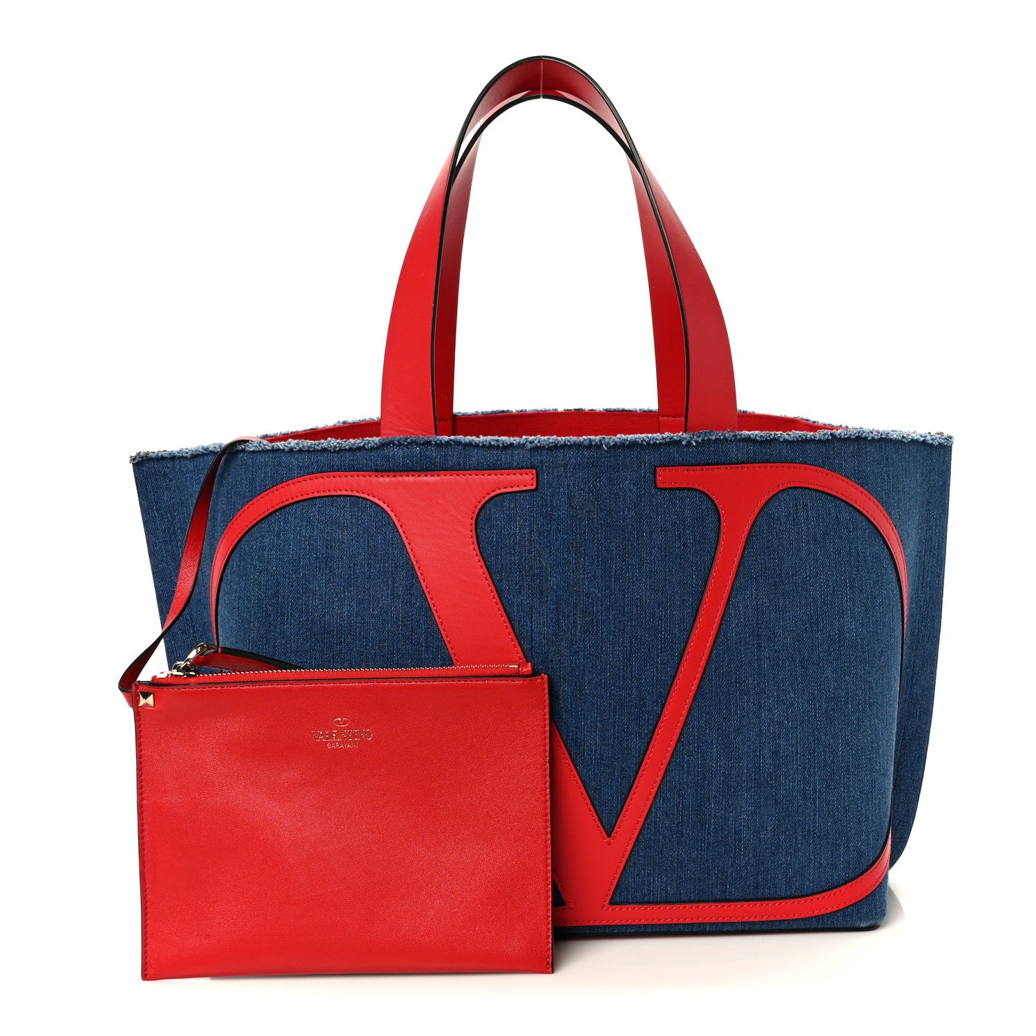 Valentino Garavani Denim Small Escape Tote Blue Red 3 of 12