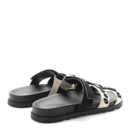 Hermes Suede Goatskin Womens Tufted Leopard Chypre Sandals  38 Beige Esquisse Black 5 of 9
