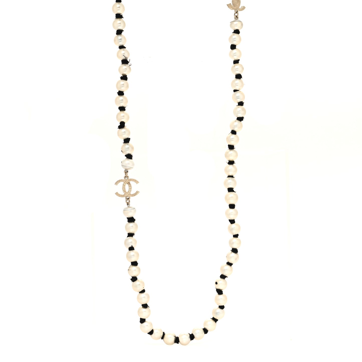 Pearl Grosgrain CC Long Necklace Gold