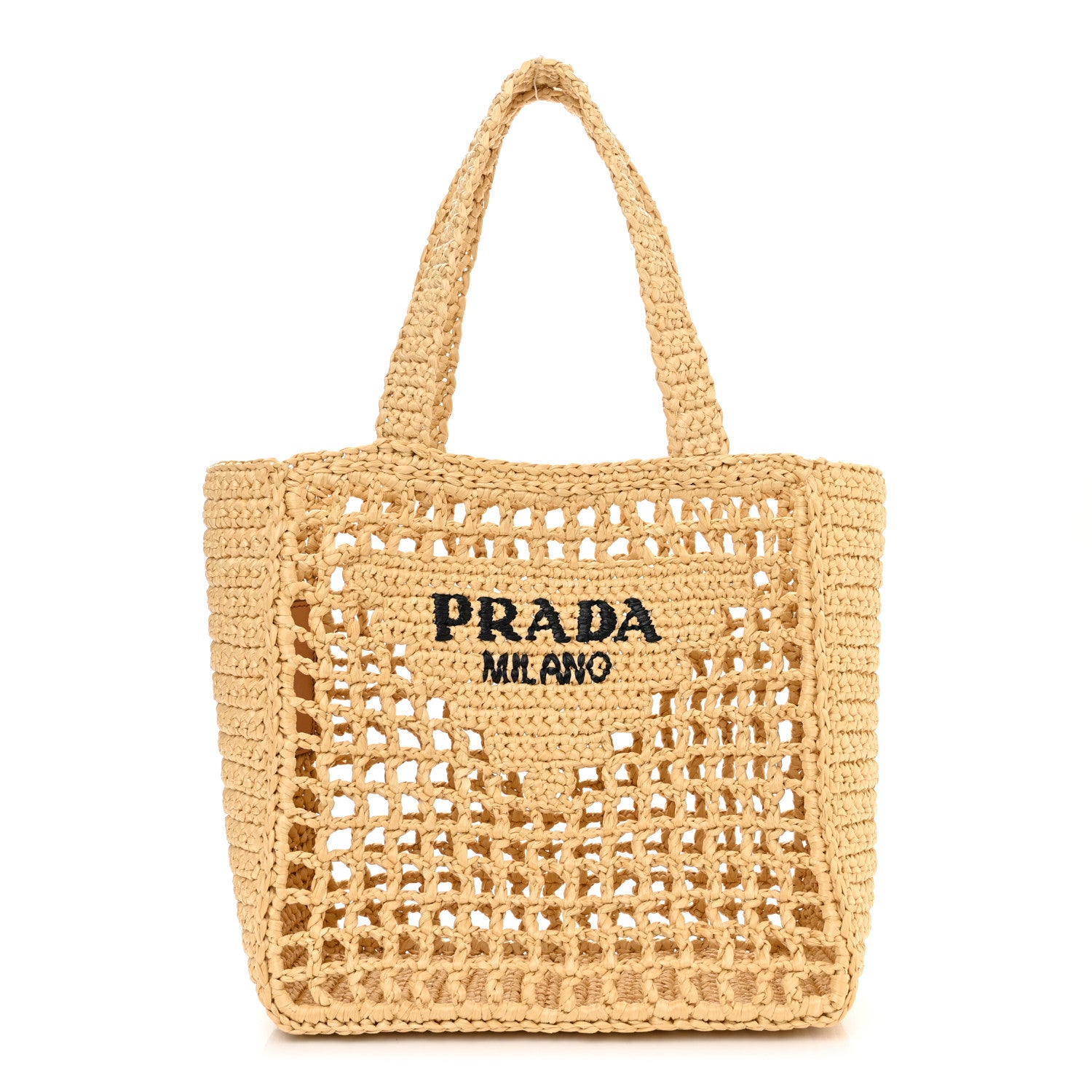 Prada Yarn Raffia Effect Crochet Logo Embroidered Small Tote Bag Naturale 1 of 9