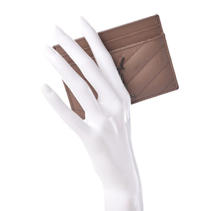 Saint Laurent Grain De Poudre Matelasse Chevron Monogram Credit Card Case Dark Beige 2 of 17