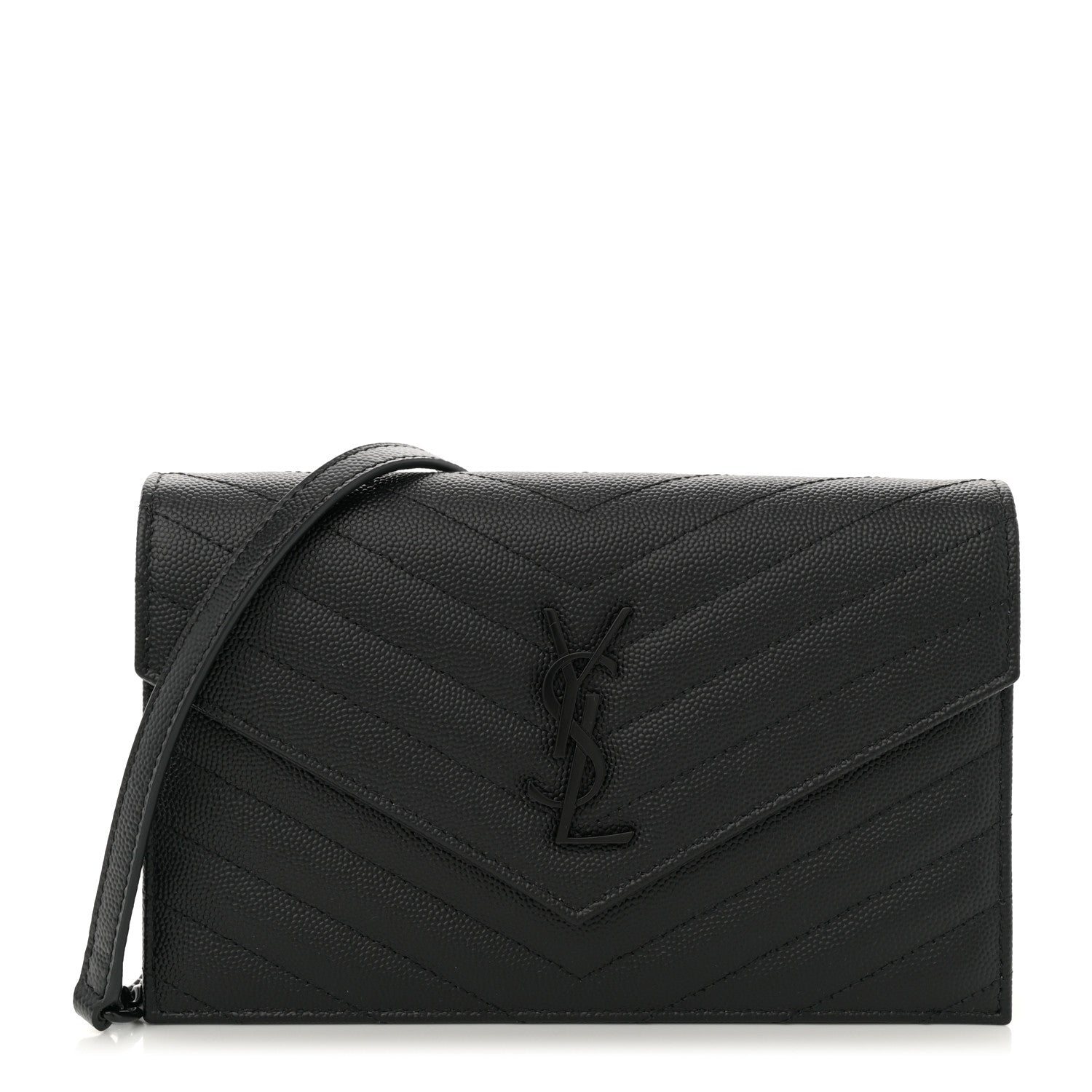 Saint Laurent Grain De Poudre Matelasse Chevron Monogram Monochrome Envelope Chain Wallet Black 1 of 11