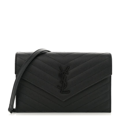 Saint Laurent Grain De Poudre Matelasse Chevron Monogram Monochrome Envelope Chain Wallet Black 1 of 11