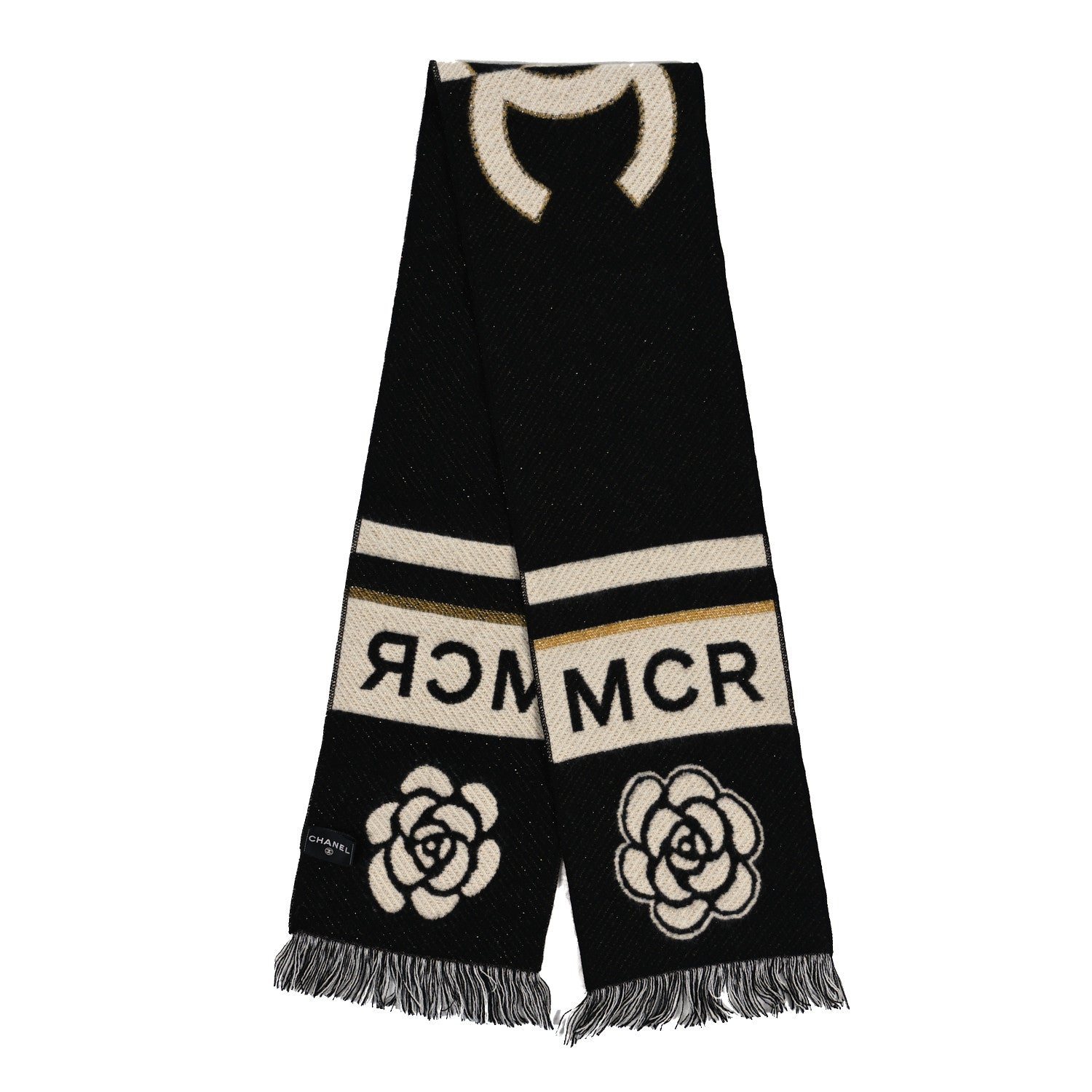 Chanel Cashmere Wool Metallic Fiber Manchester Camellia Fringe Scarf Black White 2 of 3