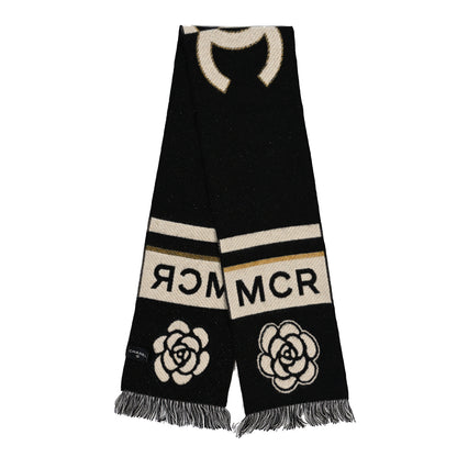 Chanel Cashmere Wool Metallic Fiber Manchester Camellia Fringe Scarf Black White 2 of 3