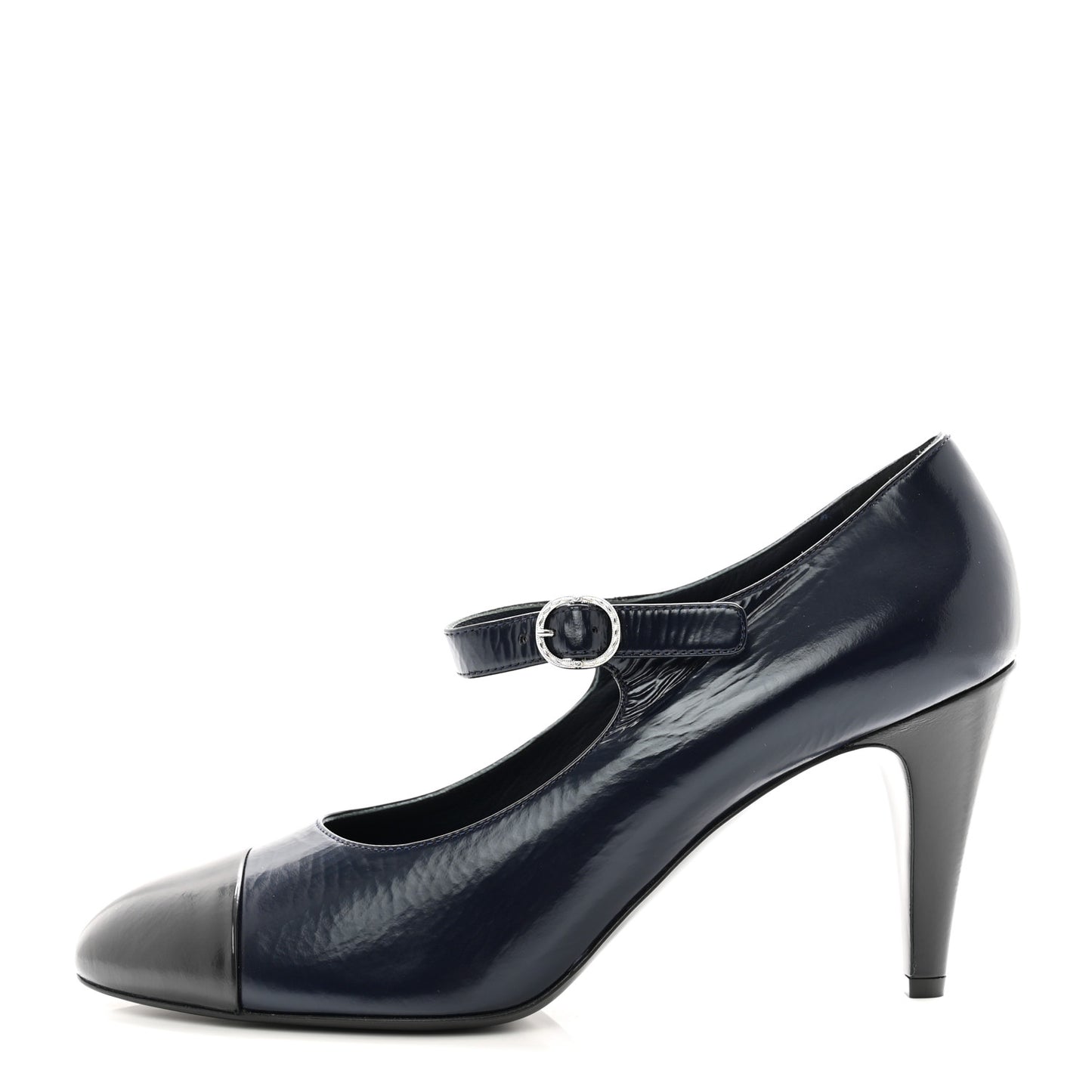 Shiny Goatskin Cap Toe Mary Jane Pumps 42 Navy Blue Dark Grey