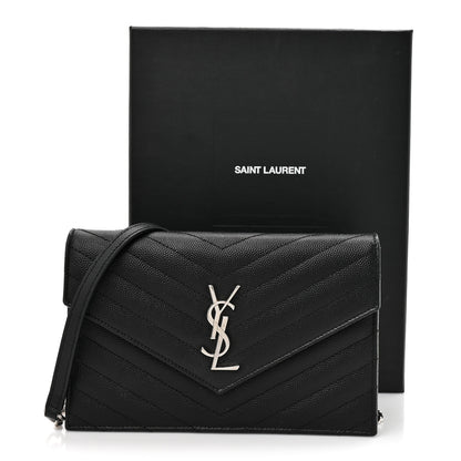Saint Laurent Grain De Poudre Matelasse Chevron Monogram Envelope Chain Wallet Black 13 of 13