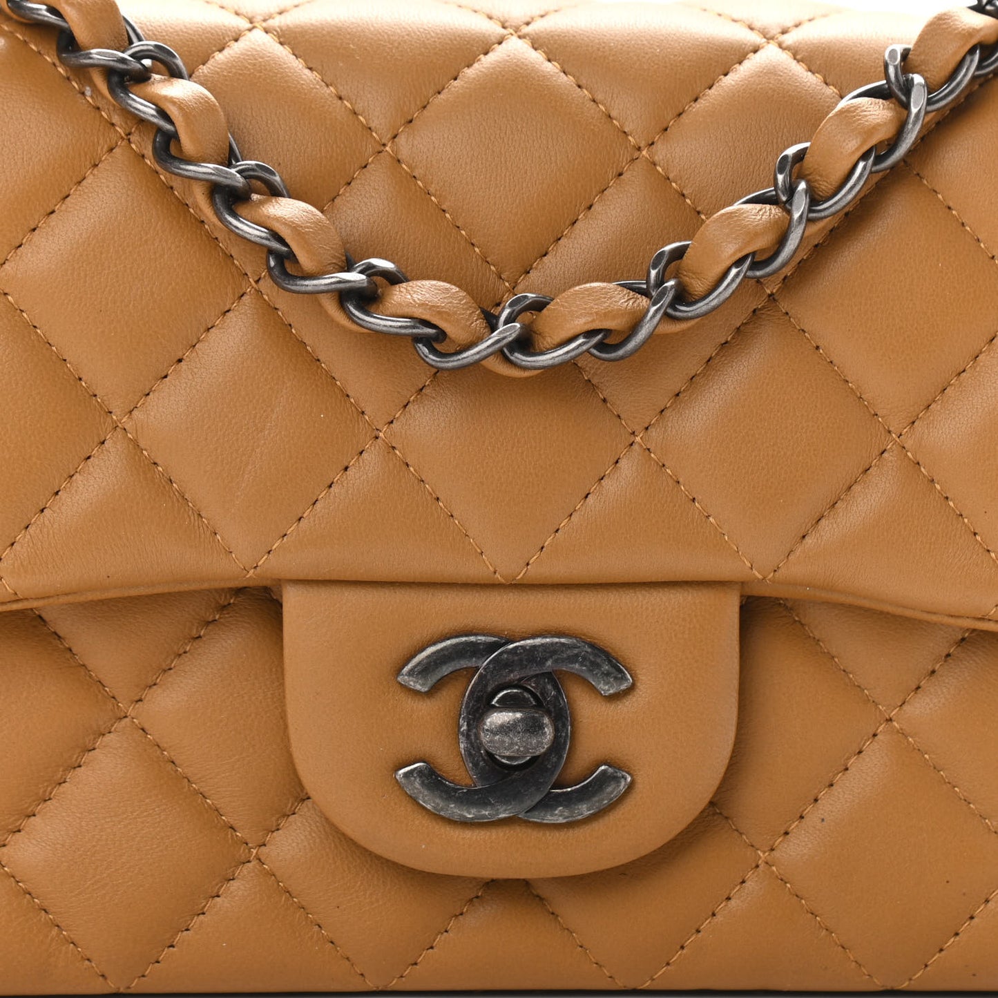 Lambskin Quilted Mini Rectangular Flap Camel