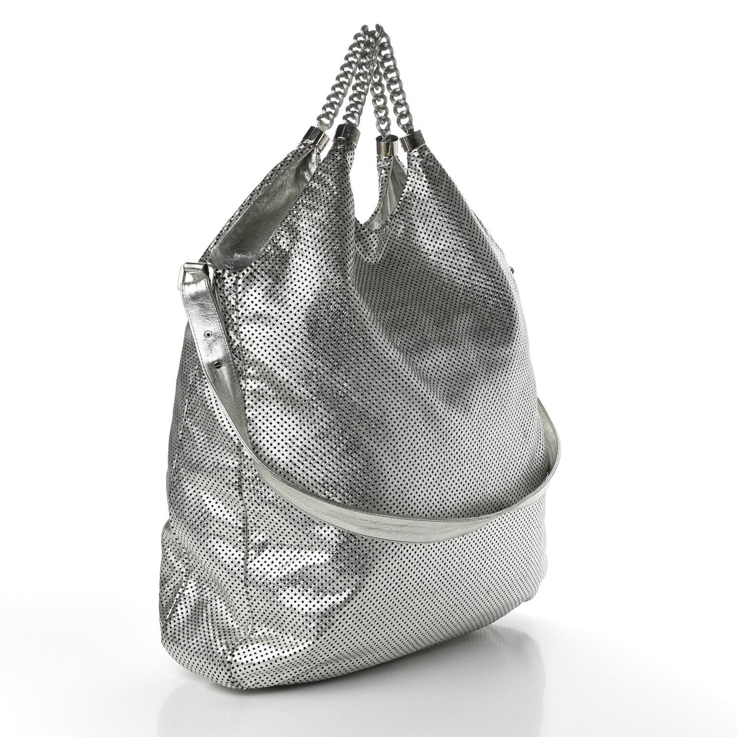 Metallic Glazed Calfskin Perforated Large Rodeo Drive Tote Silver