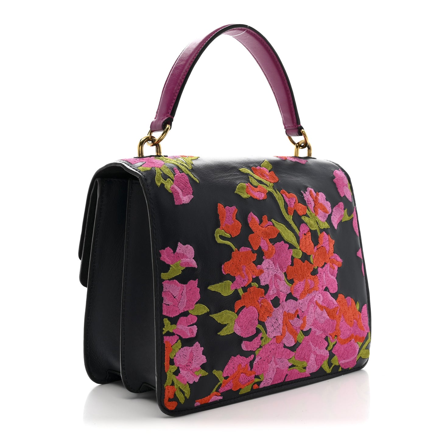 Smooth Calfskin Embroidered Floral Harlow Satchel Navy Multicolor