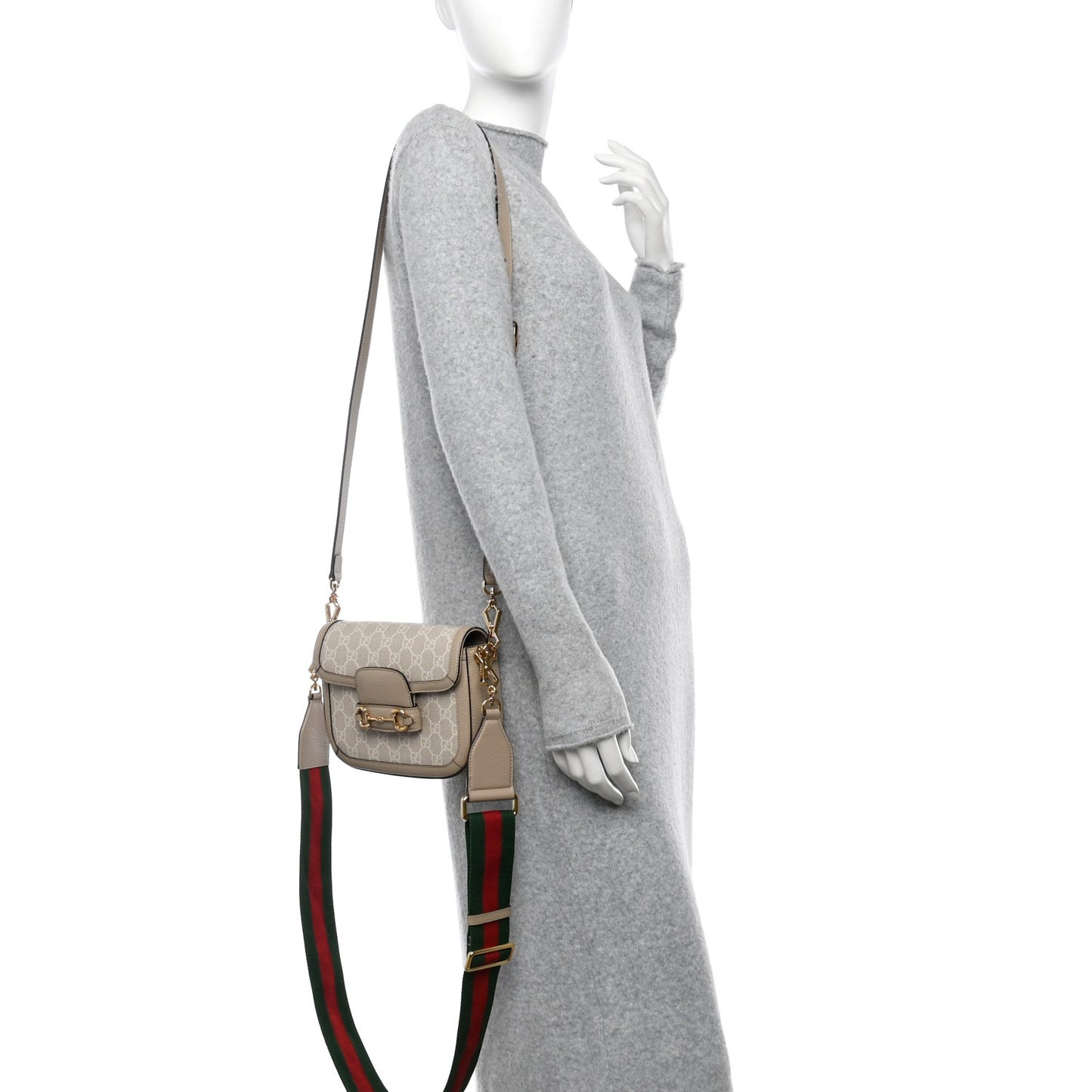 GG Supreme Monogram Textured Dollar Calfskin Web Mini Horsebit 1955 Shoulder Bag Beige Mystic White Oatmeal