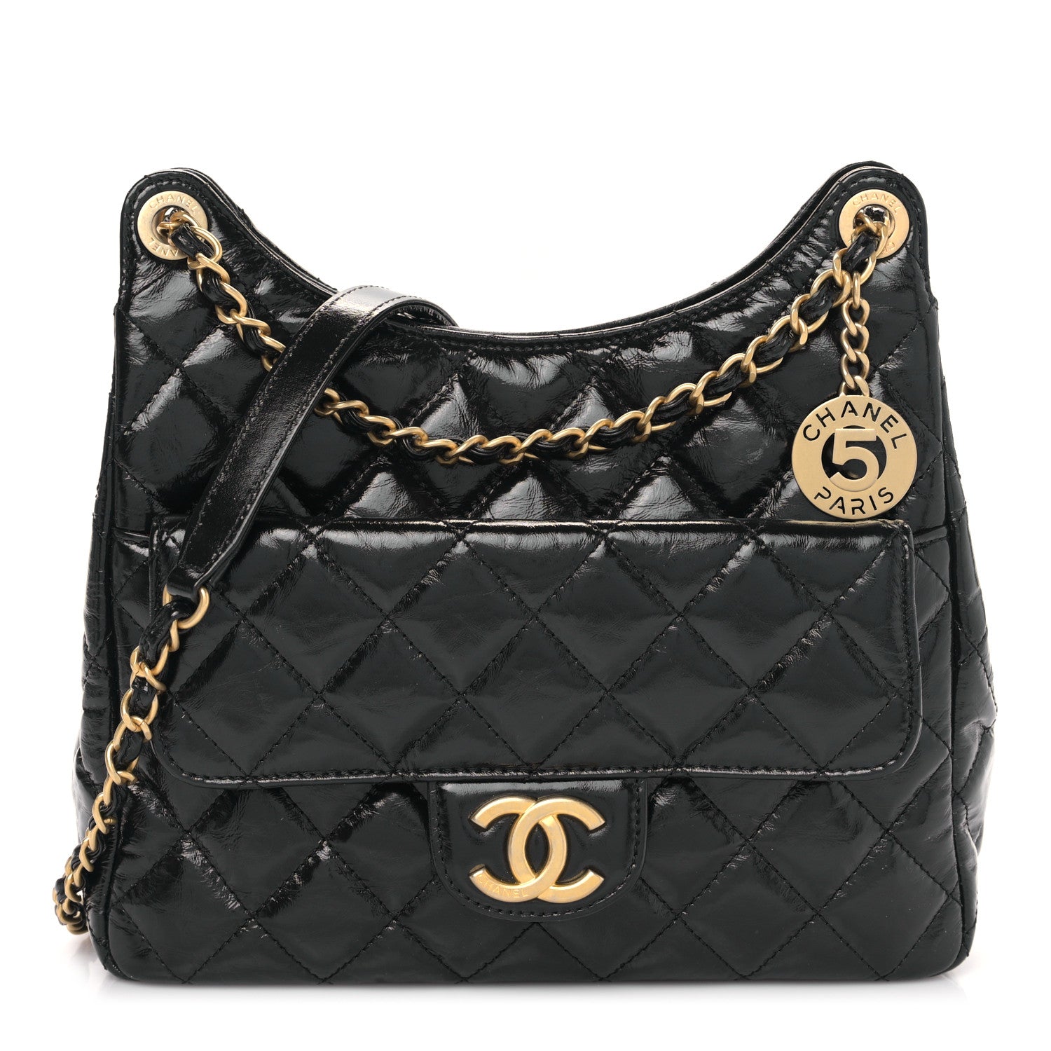 Chanel Shiny Crumpled Calfskin Quilted Wavy CC Hobo Black 1 of 9
