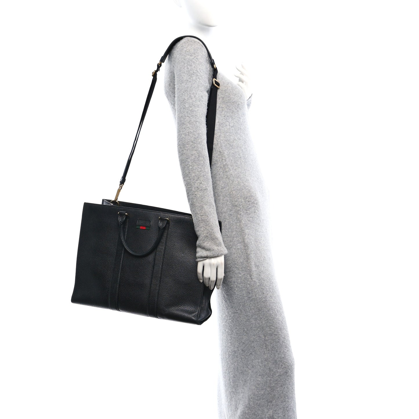 Grained Calfskin Web Top Handle Tote Black
