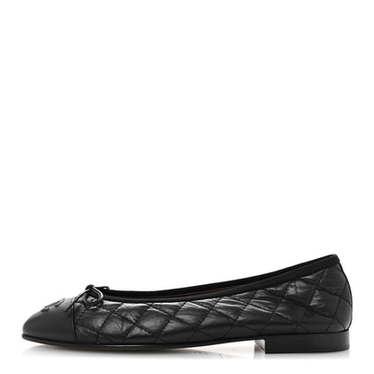 Chanel Aged Calfskin Quilted CC Cap Toe Ballerina Flats 37.5 Black 1 of 10