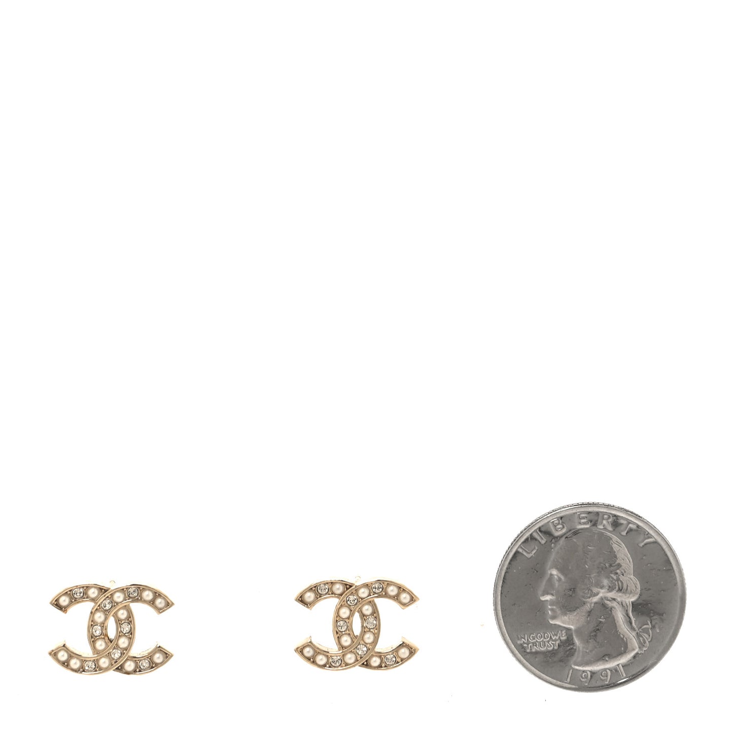 Pearl Crystal CC Stud Earrings Gold